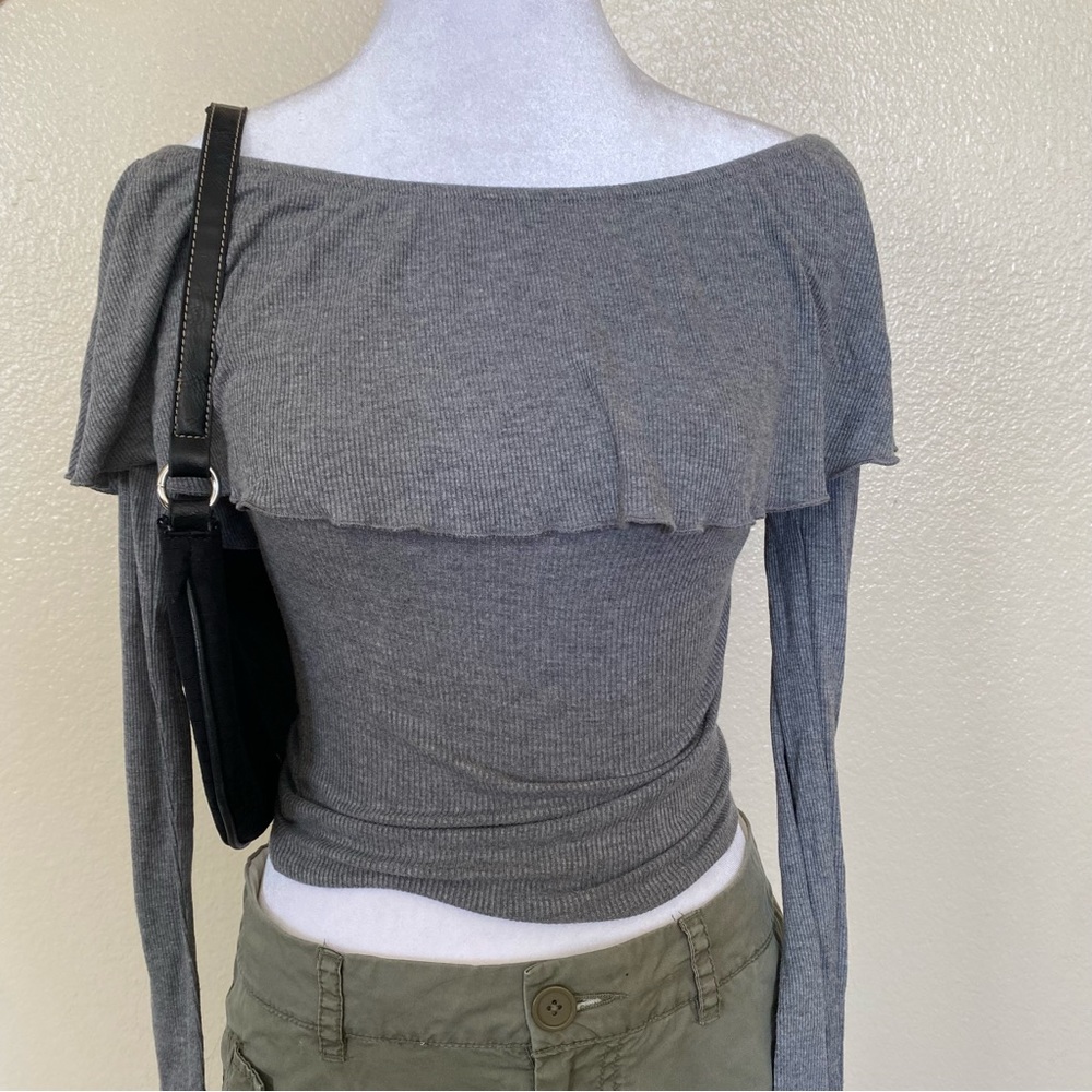 Hollister ruffle off the shoulder grey top XS